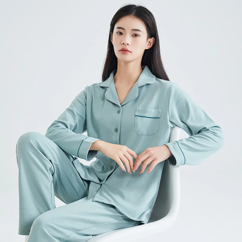 Spring Cotton Pajamas for Women PJ Full Sleeves Pijamas Button-Down Nightwear Winter Sleepwear Women Green Cotton Pyjamas