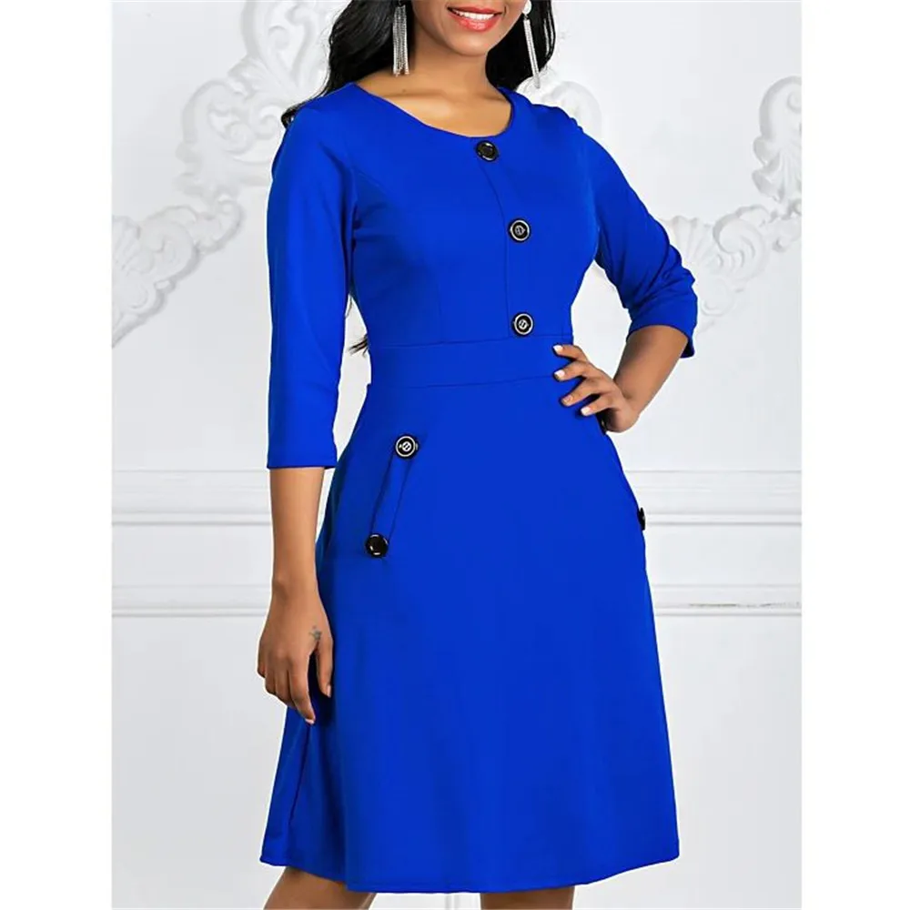 

Women's Dress Solid Color Round Neck 3/4 Sleeve Button Waist A-line Skirt European And American Temperament Office Dress Spring