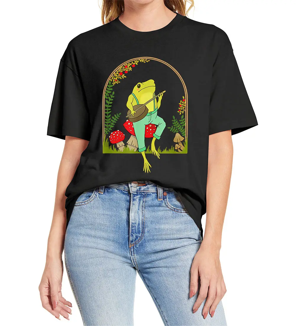 

100% Cotton Cottagecore Aesthetic Cute Frog Playing Banjo on Mushroom Funny Women Novelty T-Shirt Unisex Soft Top Tee Tshirt