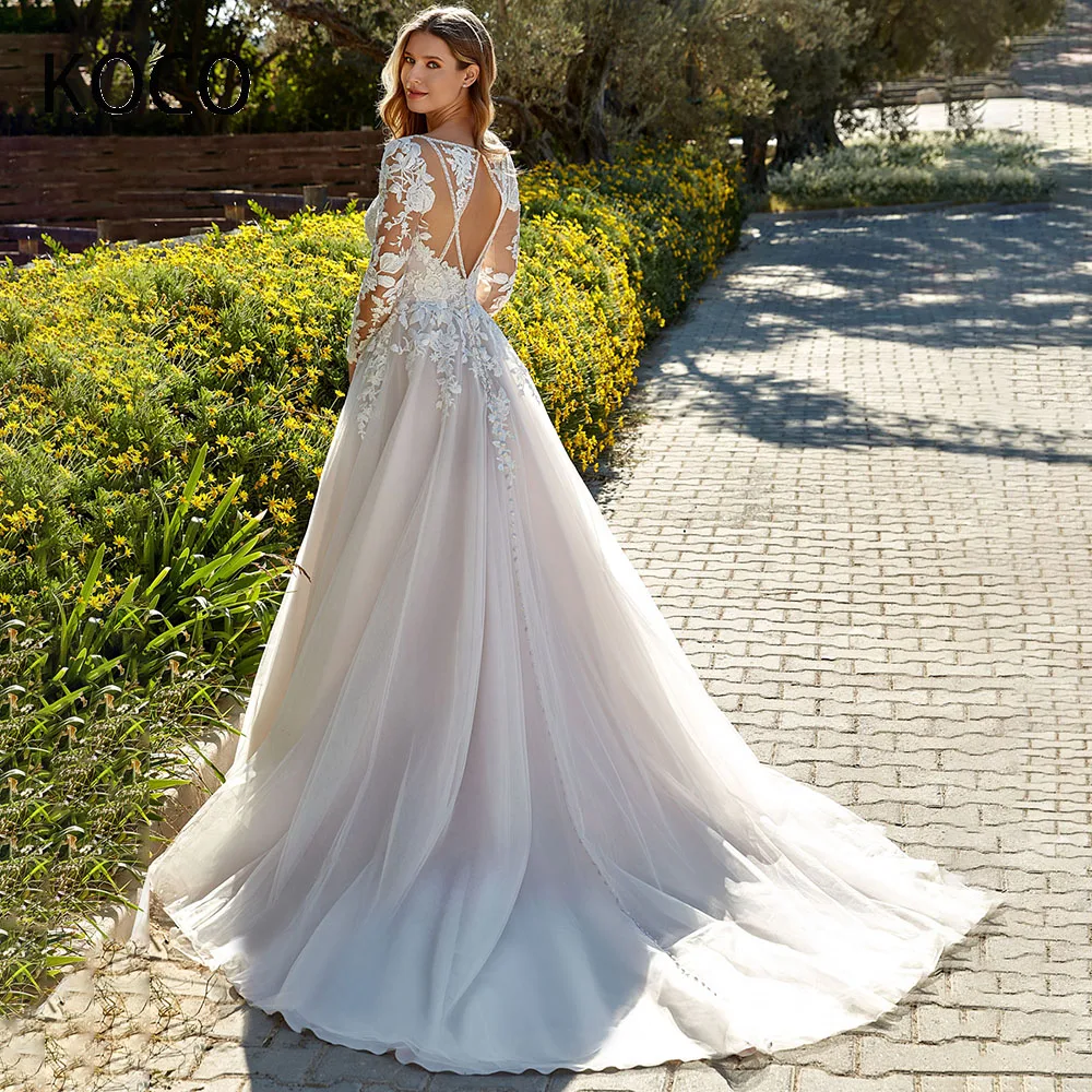 

MACDOUGAL Long Sleeves Wedding Dress Backless Bridal Gowns A-line V-neck Court Train Tulle robe de mariée Custom For Women 2023