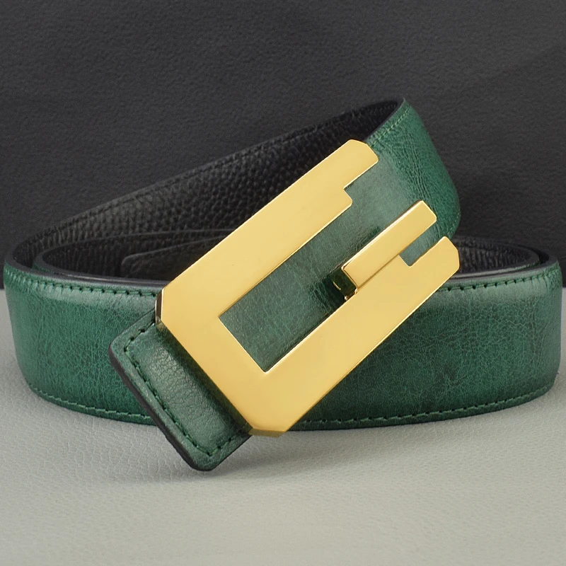 New Green Leather Belt Cowhide High Quality Genuine Luxury Brand Fashion Designer Belt Men Young Boys Casual Masculinos Cowskin