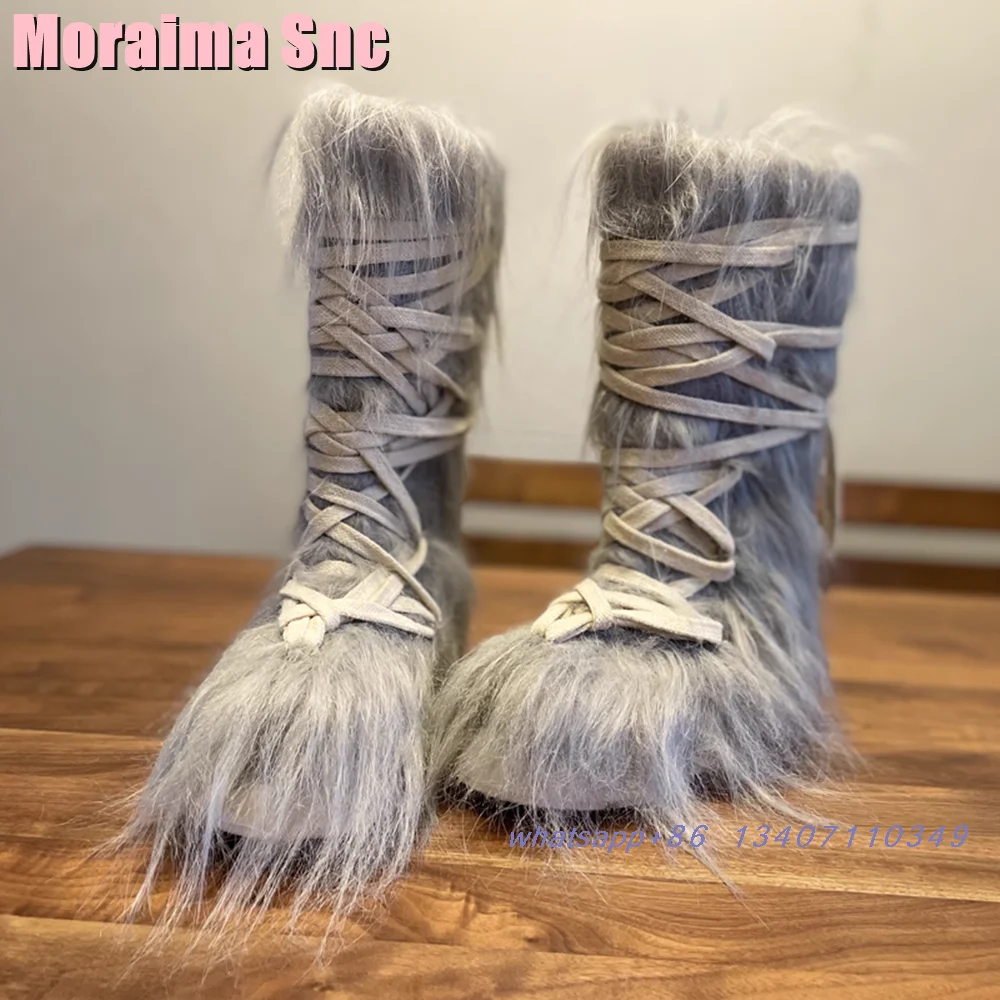 Longhair Меховые сапоги до середины икры на шнуровке с круглым носком и толстой