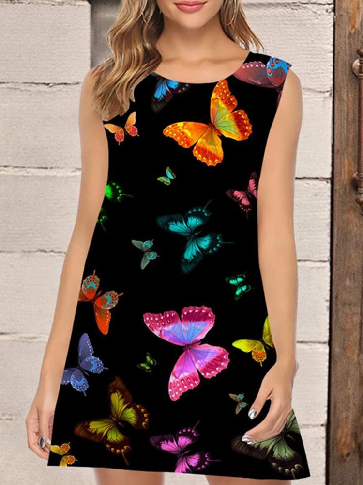 

2022 Summer Plus Size Coloful Butterfly Print Sleeveless Women's Mini Dress Lace V-Neck Elegant Simple Fashion Dress Shipping