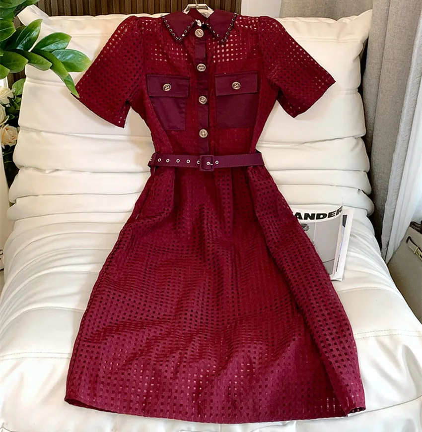 

New France Vintage Summer Rivet Lapel Shirt Lace Dress High Quality Women Wine Red Hollow Out Short Sleeve Belt Long Vestidos