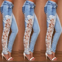 womens floral lace stretchy jeans hollow out skinny pencil leggings