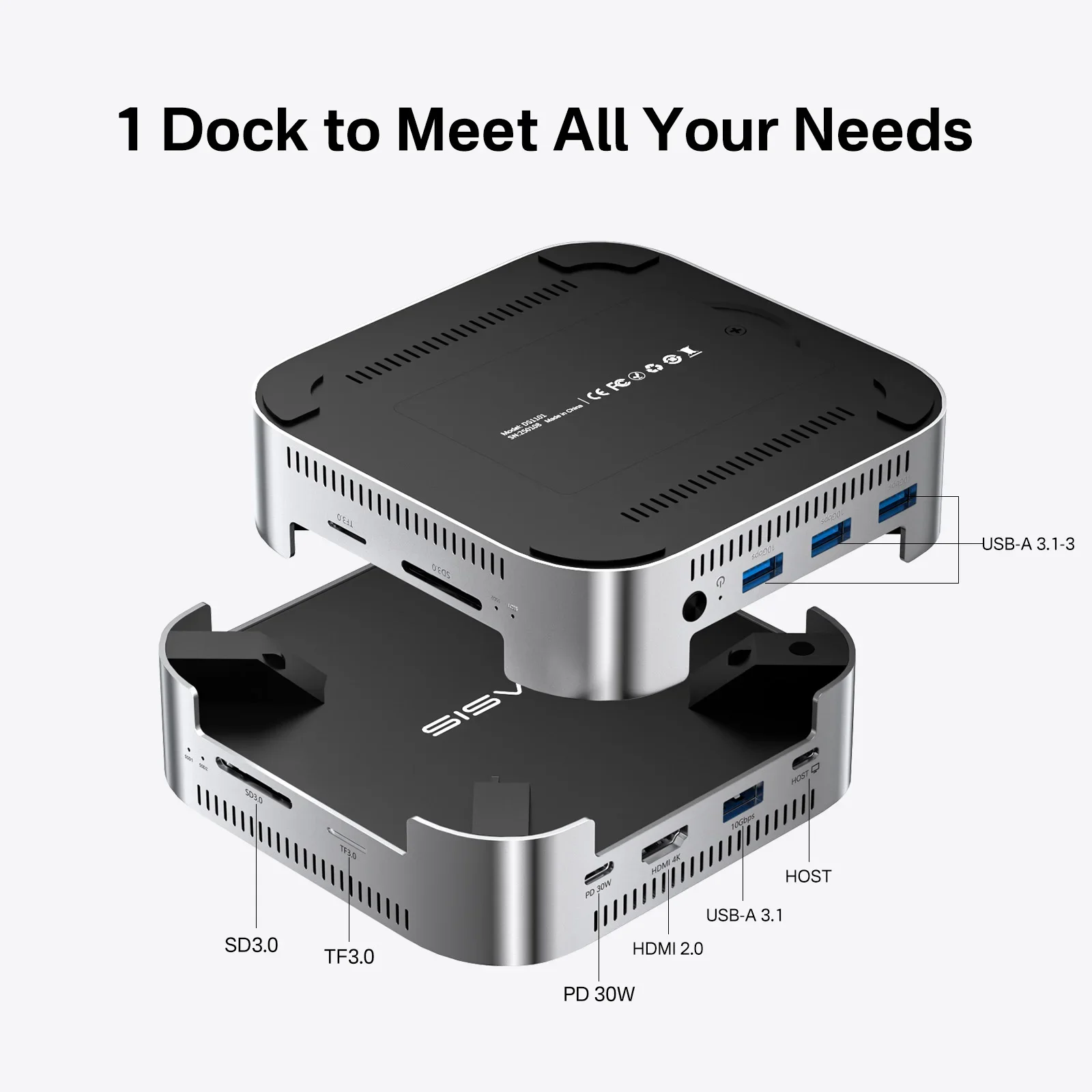 Фото Док-станция Acasis 10 Гбит/с USB-C и двойной слот M.2 NVMe SSD 16 ТБ HDMI SD/TF 3.0 PD30W для Mac Mini M4/M4 Pro с охлаждающим вентилятором №2