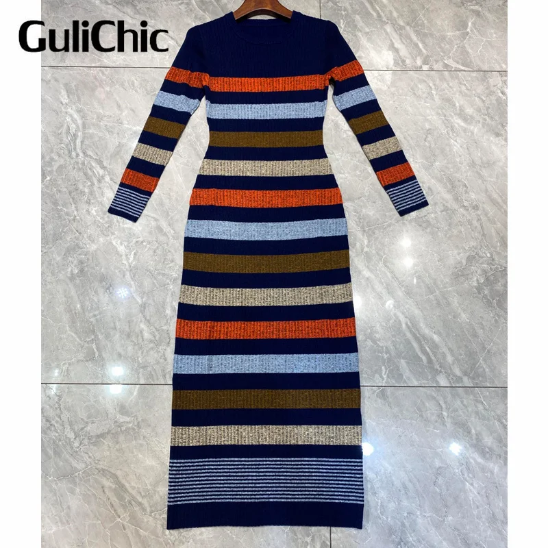 

Женское трикотажное жаккардовое платье GuliChic, элегантное облегающее длинное эластичное платье контрастных цветов в полоску с круглым вырезом, 10,10