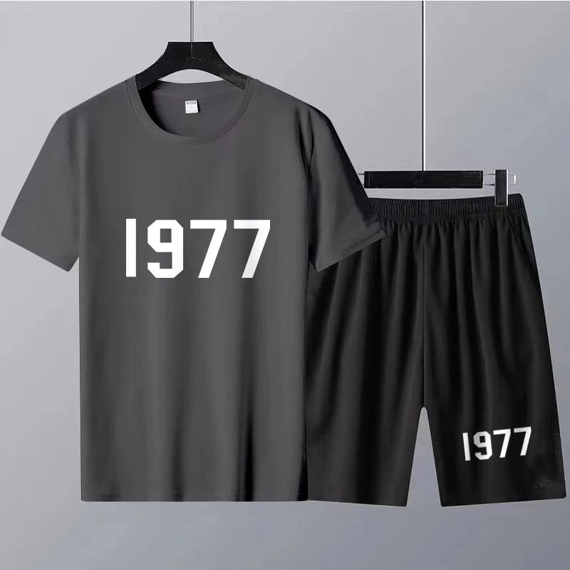 2023 New Cotton Men T-Shirt Sets Designer Luxury Brand 1977 Letter Printing Summer Beach Style Shorts Tracksuit 2 Piece Outfits