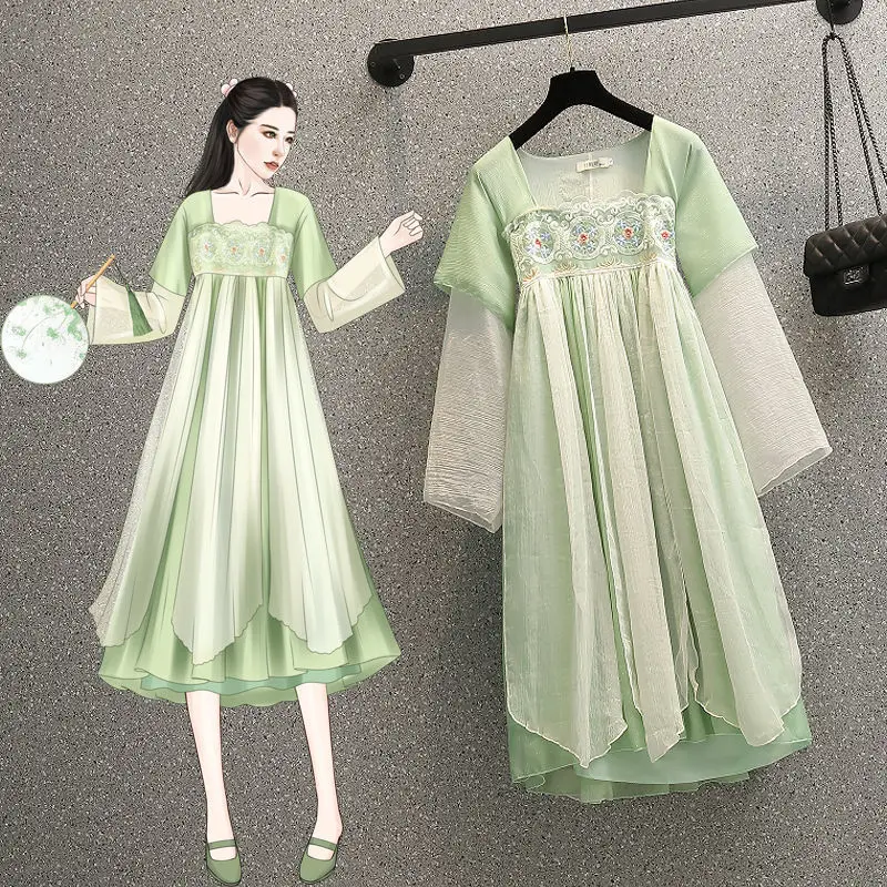 

Chinese Style Improved Hanfu 2022 Spring and Summer Tang Suit Embroidered Dress Woman Costumes Green Hanfu Cosplay Fairy