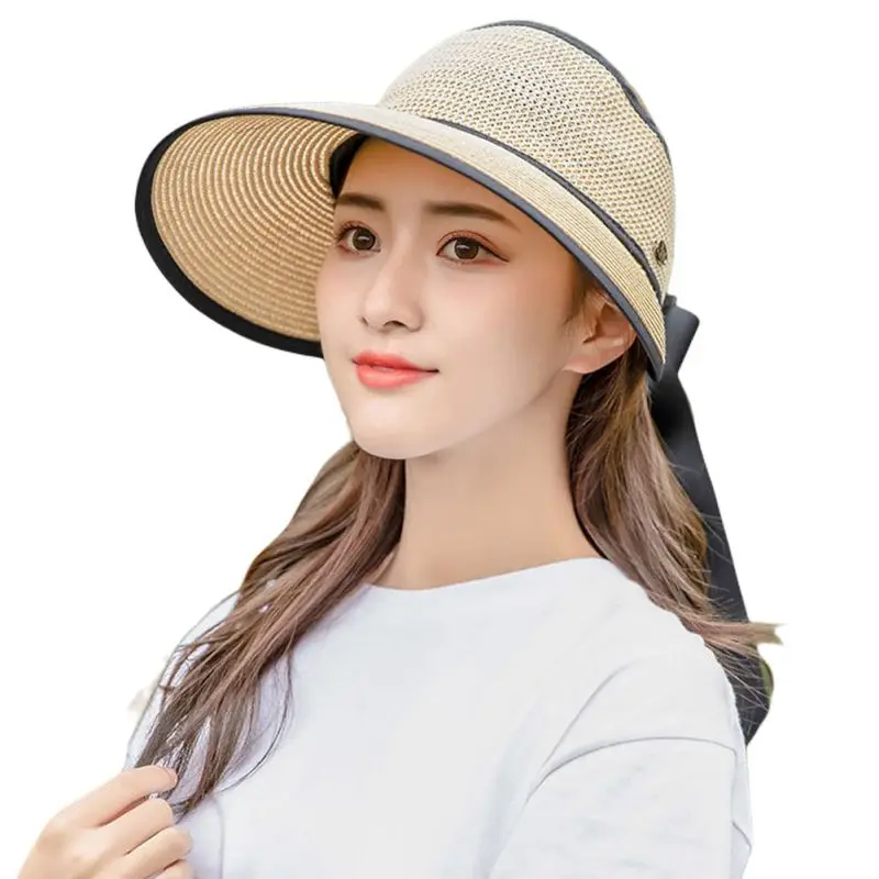 

Women's Straw Casual Shade Hat Breathable Foldable Adjustable Travel Beach Hat Sun Visor Empty Top Caps