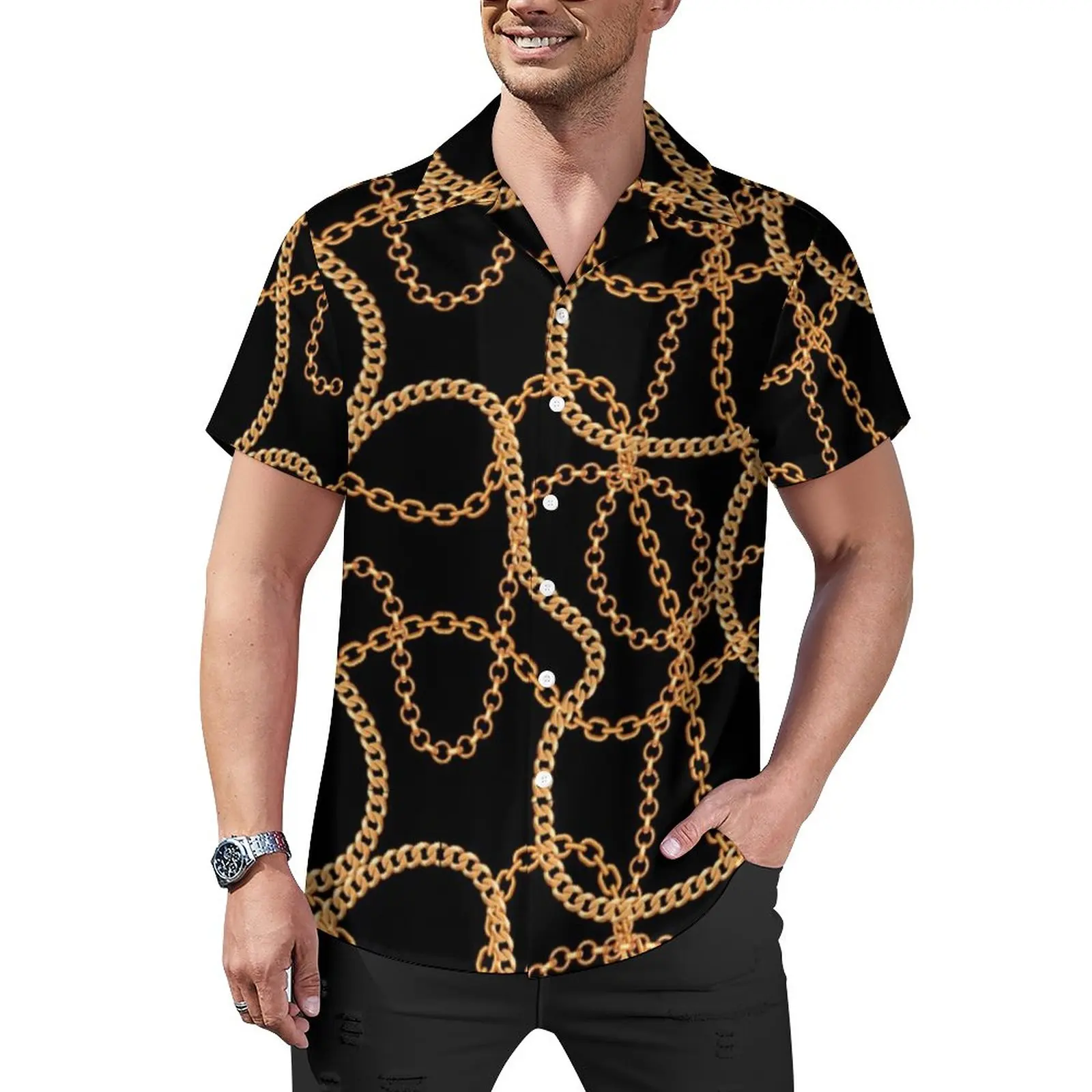 

Chain Print Casual Shirts Gold Chains Luxury Beach Shirt Hawaiian Trending Blouses Man Print Plus Size