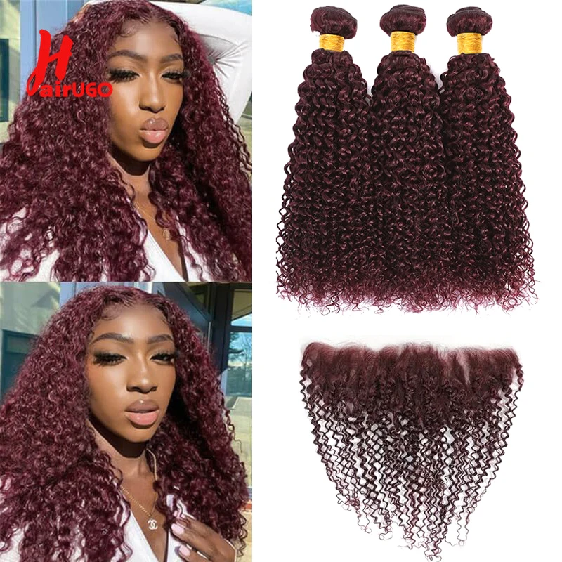 HairUGo 99J Kinky Curly Human Hair Bundles With 13x4 Lace Front Brazilian Burgundy Lace Front With Bundles Remy Hair Extension