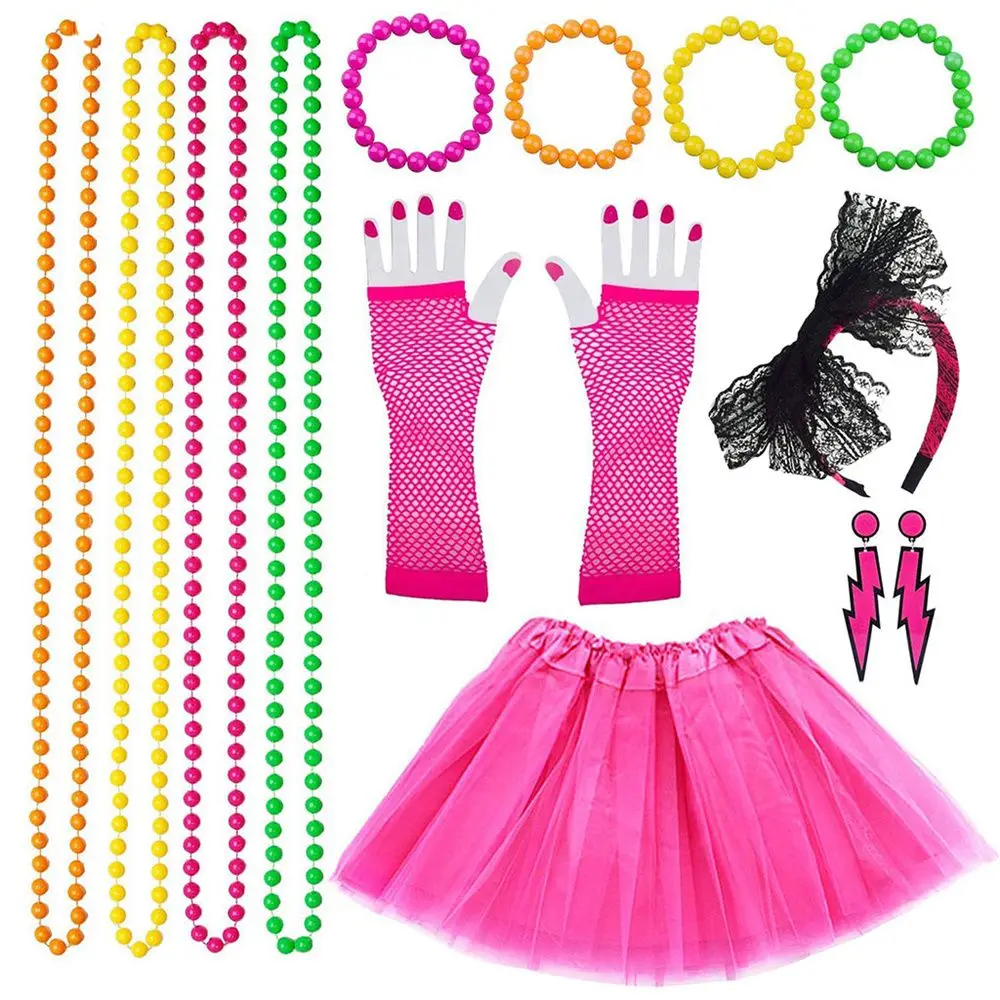 

Prom party Tutu Skirt Gloves Beads Headband Fancy Dress Costumes Set Neon 80s Hen Party