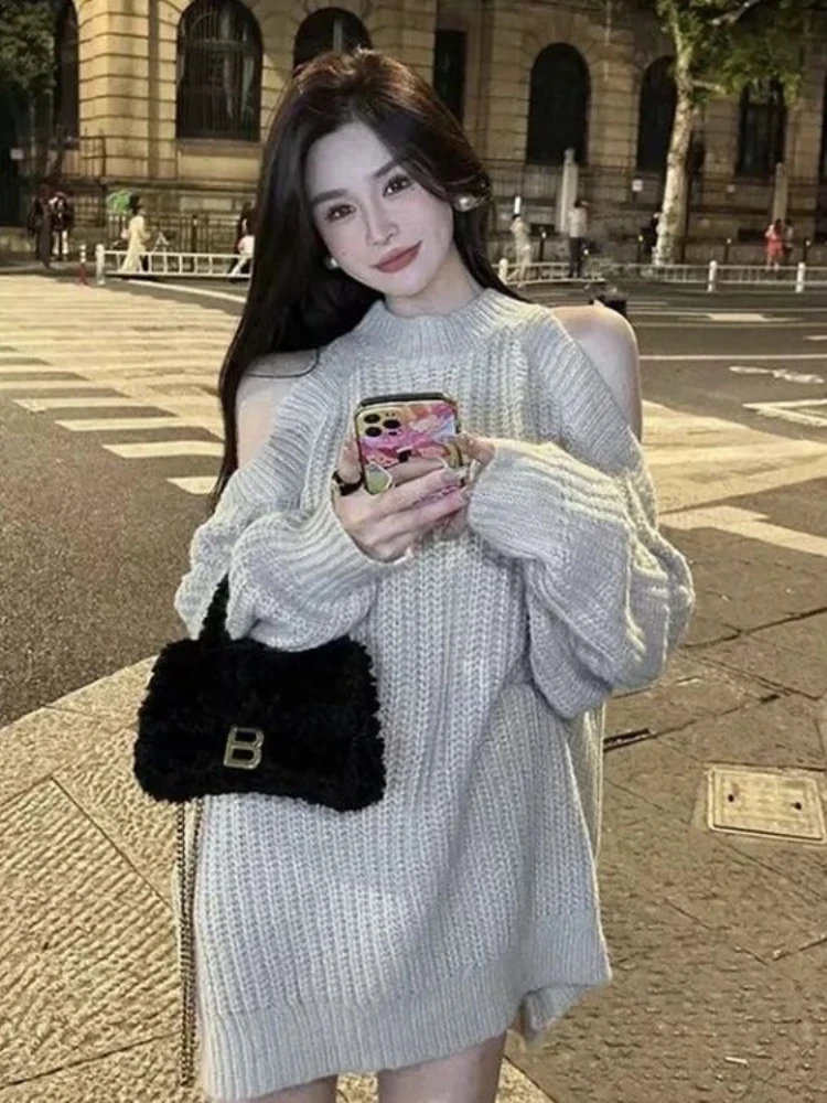 QWEEK корейский вязаный свитер с открытыми плечами женский Kpop модная уличная