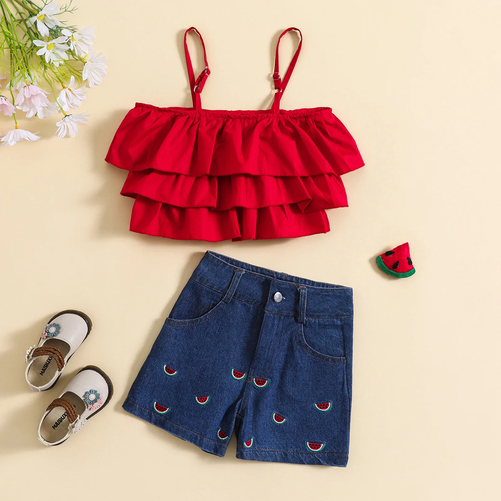 

Girls' Fashion Summer Set New Cake Skirt Tank Top with Watermelon Embroidery Two Piece Set Baby Fashion Pants Shorts Set
