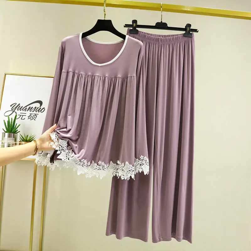 Women's Pajamas Set Modal NEW Soft Casual Sleepwear Set Women Pajama Set Full Sleeves Fashion Lace V-Neck Shirt Pant Homewear