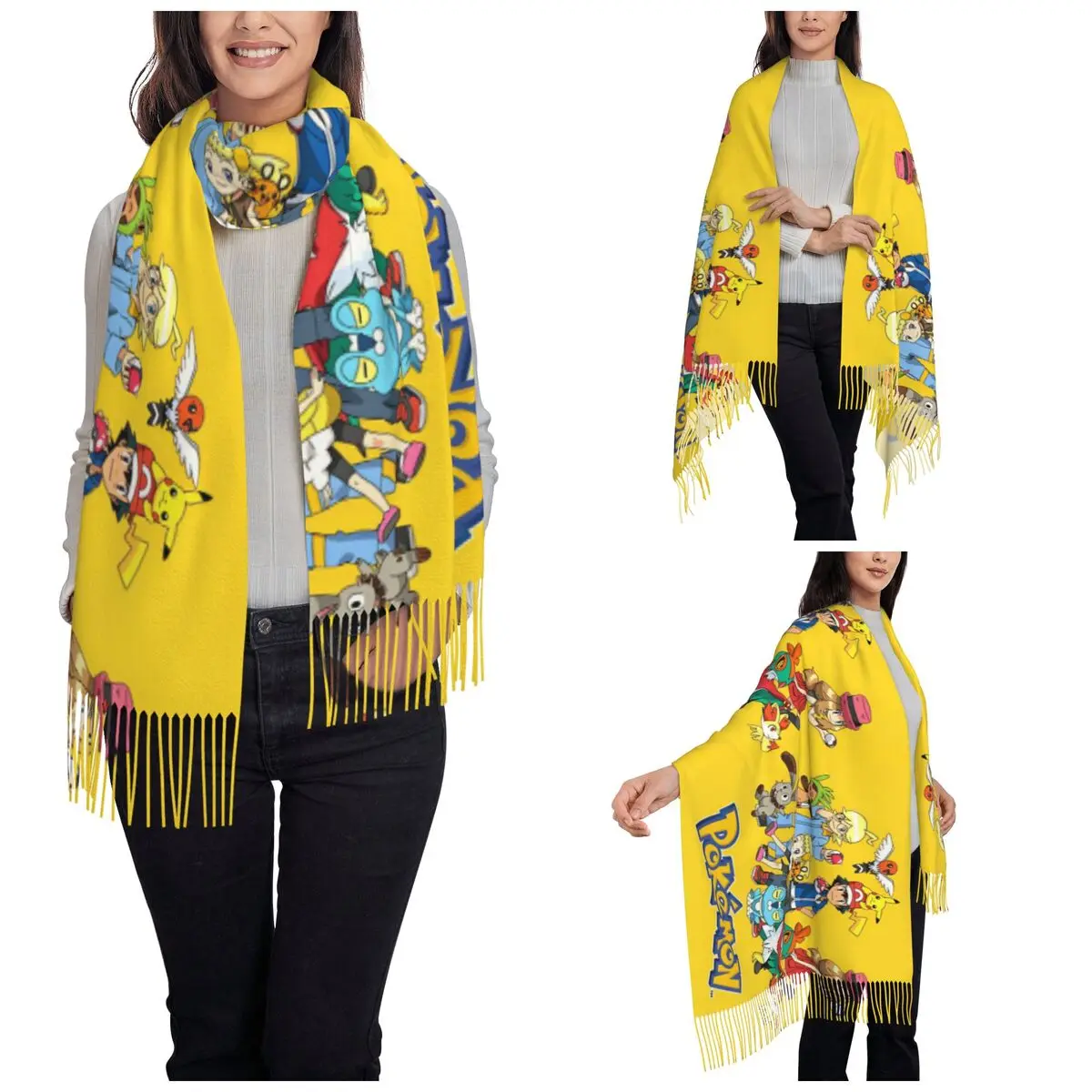 Женская зимняя теплая кашемировая шаль с принтом покемона Пикачу