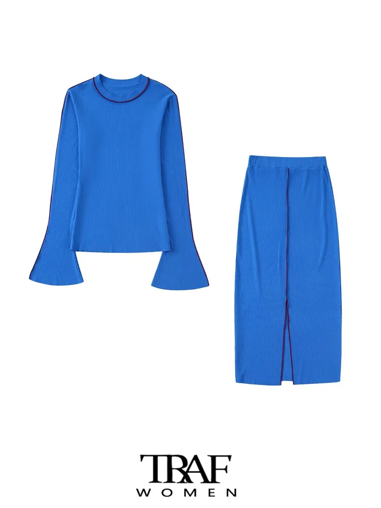 

Женский трикотажный свитер в рубчик и юбка миди с высокой эластичной талией и разрезом спереди