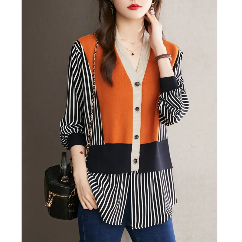 

Casual Striped Patchwork Women's Blouse Fake Two Pieces Spring Autumn Elegant V-Neck Single-breasted Female Clothing Loose Shirt