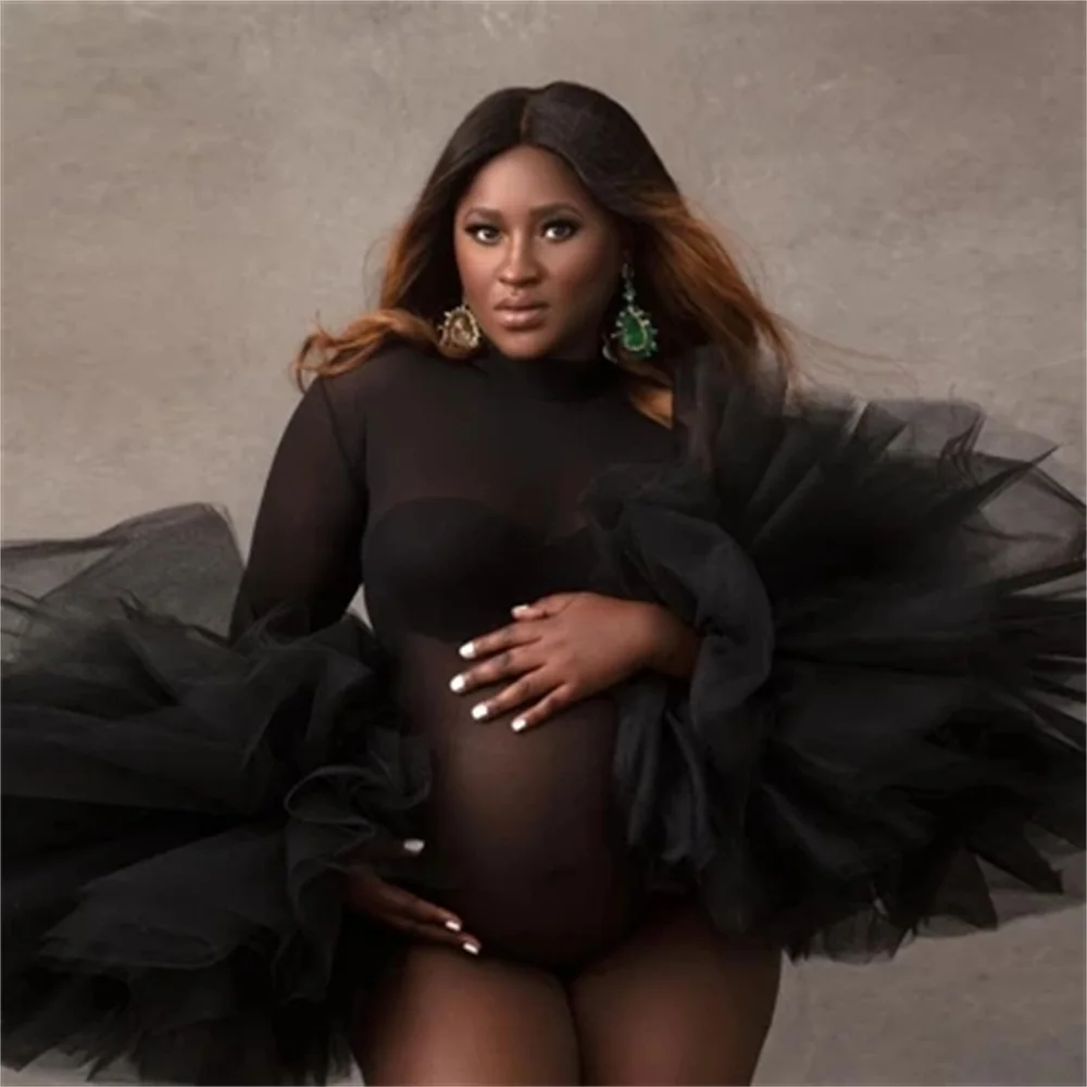 

Black See Thru Maternity Tulle Party Tops For Women Photography Puffy Ruffled Sleeve Bodysuit