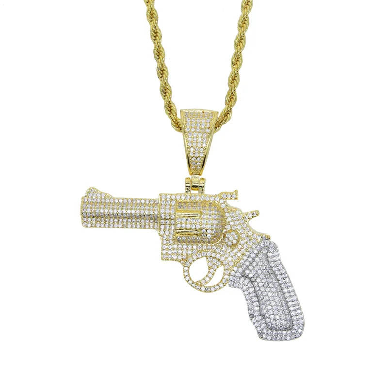 

Iced Out Bling Hip Hop CZ Revolver Gun Pendant Necklace Gold Color Cubic Zirconia Pistol Charm Necklaces Men Fashion Jewelry