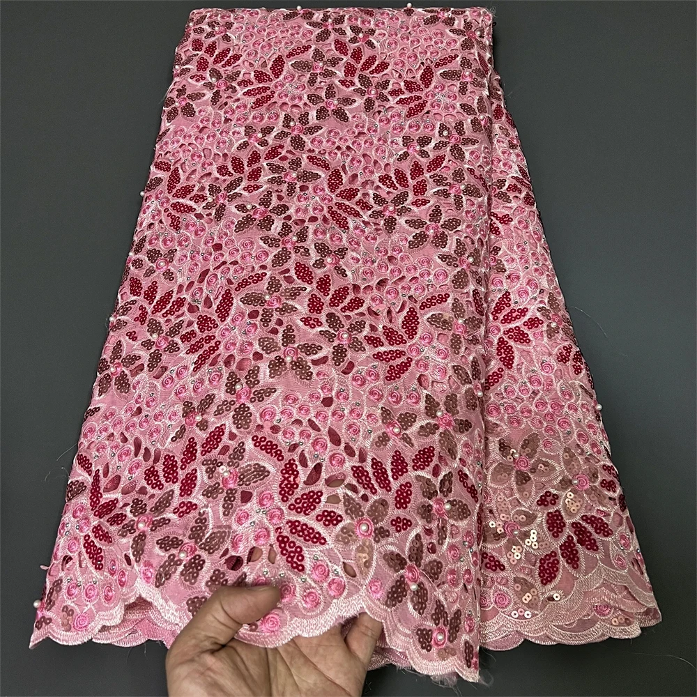 

African Fabrics By Meters Embroidery For Women Evening Dresses Sewing With Rhinestones Cotton Red 5Yards Nigerian Lace Fabric