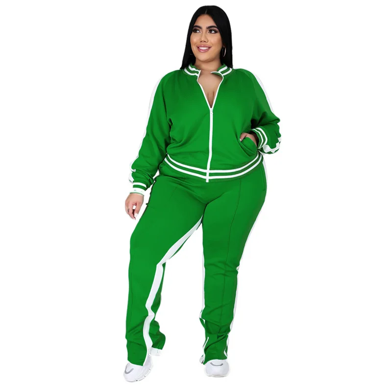 Plus Size L-5xl Two Piece Set Women Sweatsuit Zip Striped Top Slit Sweatpants Jogger Outfit Matching Set Whol 3xl 4xl 5xl 6xl