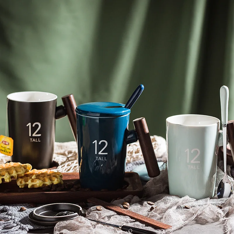 

400ml Brief Ceramic Mug with Wooden Handle Mugs Coffee Cups with Lids and Spoons Milk Mugs Office Tea Cup Friends Gifts