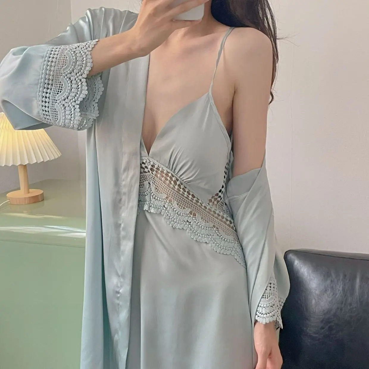

Sexy Female Nighty&Robe Set Backless Nightgown Intimate Lingerie Lace Trim Bathrobe Gown Summer New Satin Home Dress Lounge Wear