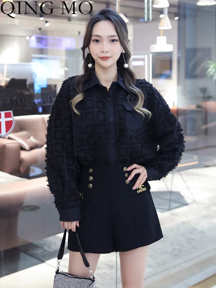 

QING MO Black Long-sleeved Shirt Women's Small Short Top Fashion Loose 2023 Spring Autumn Shirt Versatile Coat Trend ZXF1712