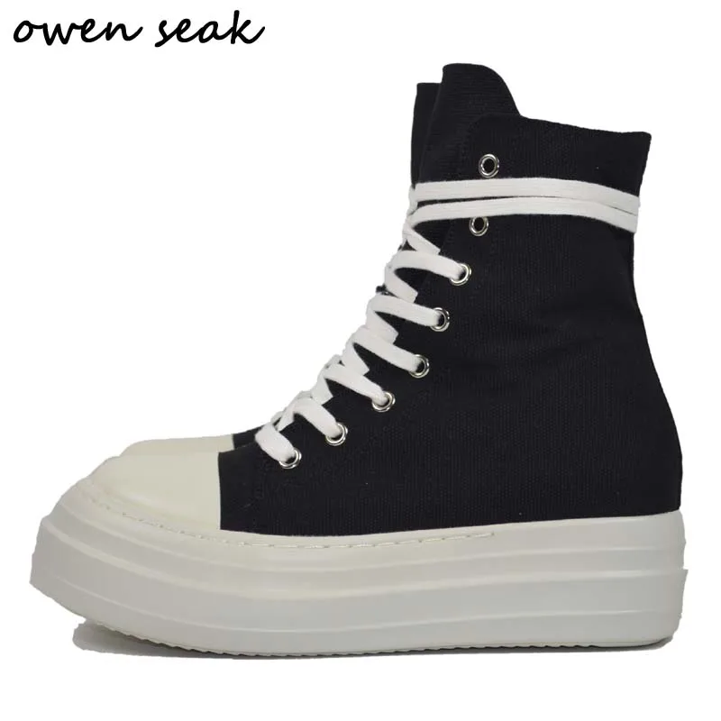 

Owen Seak Women Canvas Shoes Luxury Trainers Platform Boots Lace Up Sneakers Casual Height Increasing Zip High-TOP Black PU Shoe