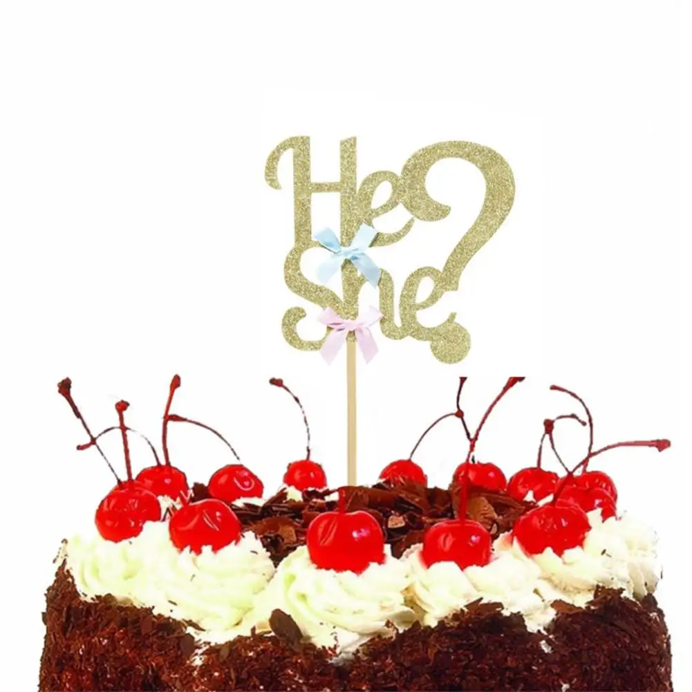 

Glitter He Or She Cake Toppers Gender Reveal Baby Girl Boy Cake Insert Card Birthday Decoration Supply