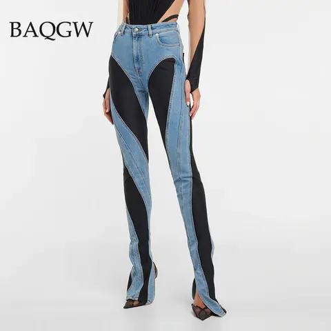 Fashion Designer Color Block Women's Jeans Slim Deconstruct Panelled Patchwork High Waist Split Blue Long Denim Pants Autumn