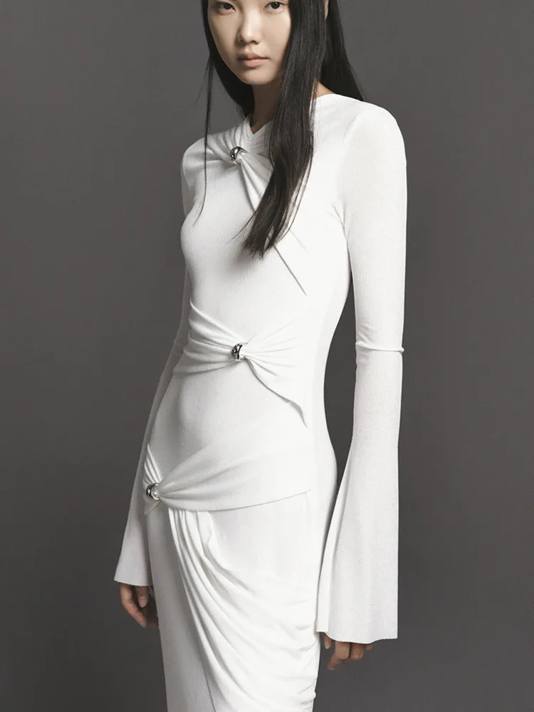 QMQA модное женское вечернее платье с круглым вырезом и длинными рукавами дизайн