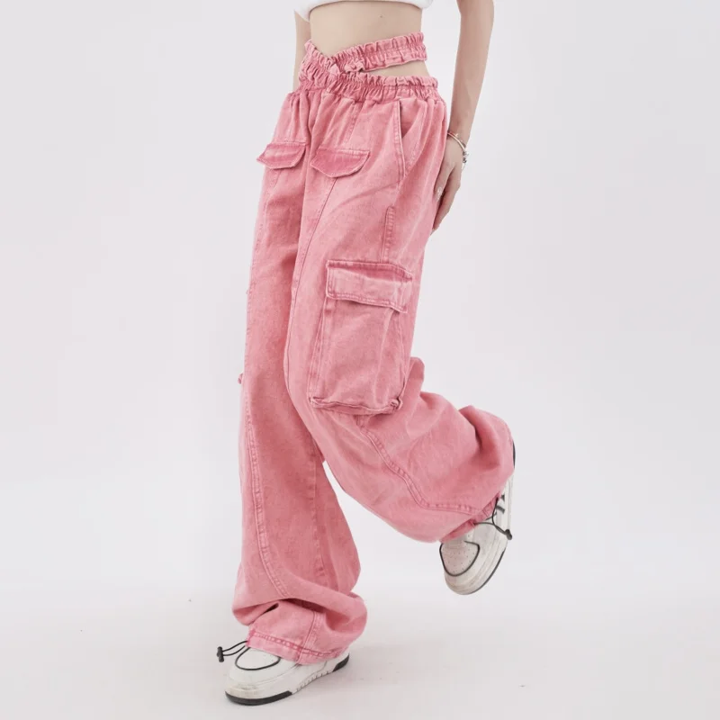 Модные брендовые женские розовые брюки-карго, повседневные Прямые джинсы сширокими штанинами, женские брюки в стиле хип-хоп, винтажные ковбойскиеджинсовые брюки с высокой талией