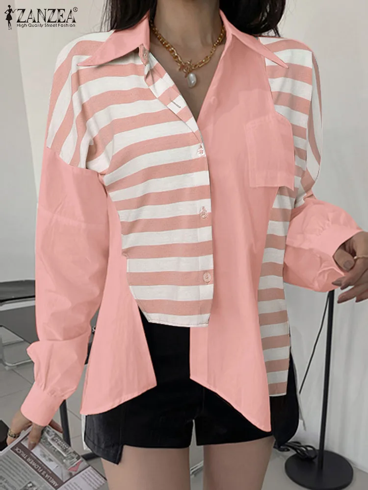 

ZANZEA 2023 Irregular Stripes Shirt Autmun Fashion Patchwork Long Sleeve Top Women Chic Lapel Neck Blouse Colorblock Loose Tunic