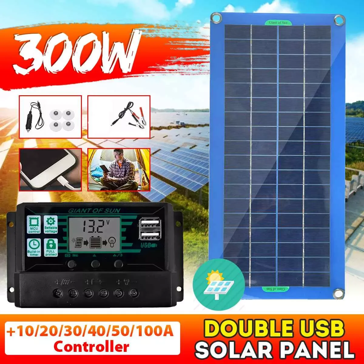 

300W Solar Panel Kit Complete Dual 12/5V DC USB With 60A/100A Solar Controller Solar Cells for Car Yacht RV Battery Charger