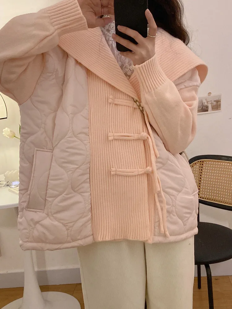 

KIMOKOKM Sweet Girly Sailor Collar Vintage Button Single Breasting Full Sleeve Knitting Splicing Cotton Clothes Pink Sweater