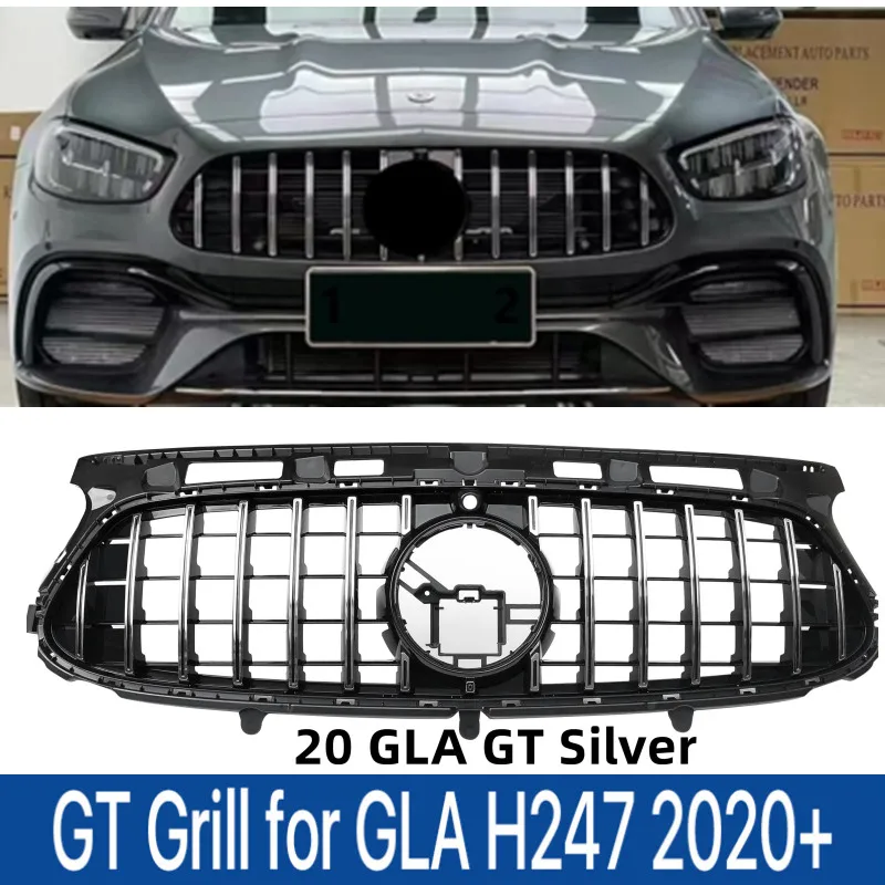 

For Mercedes' Benz Black Front Bumper Panamericana GT Grille Sport Style GLA Class H247 220 250 220d Grill 2020 2021+Silver