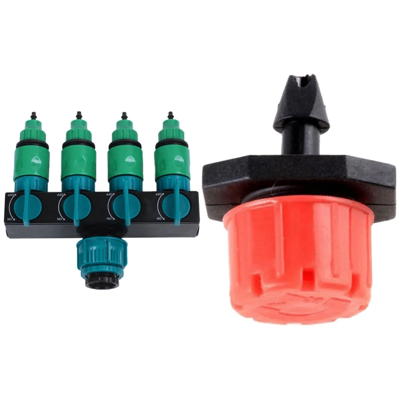 

1 Set Hose Splitter Water Pipe 4 Way Tap Garden Tap Connector & 200 Pcs Irrigation System ,Drip Adjustable Emitters