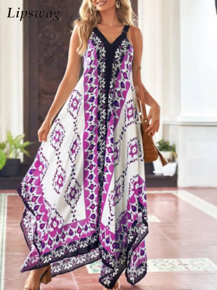 

Women Fashion Print Beach Boho Dresses Elegant V Neck Sexy Straps Party Dress Summer Casual Loose Backless Irregular Long Dress