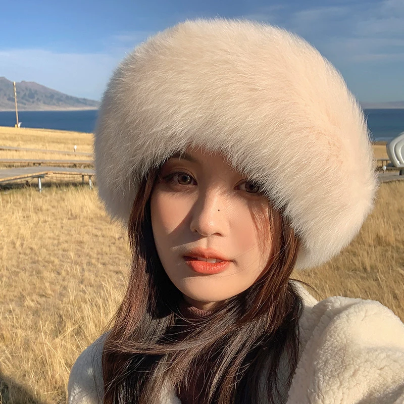 New Stylish Knitting Beanie Hats For Women Winter Warm Fluffy Bone Cap Soft Outdoor Thick Natural Fox Fur Hat Female Dome Hats