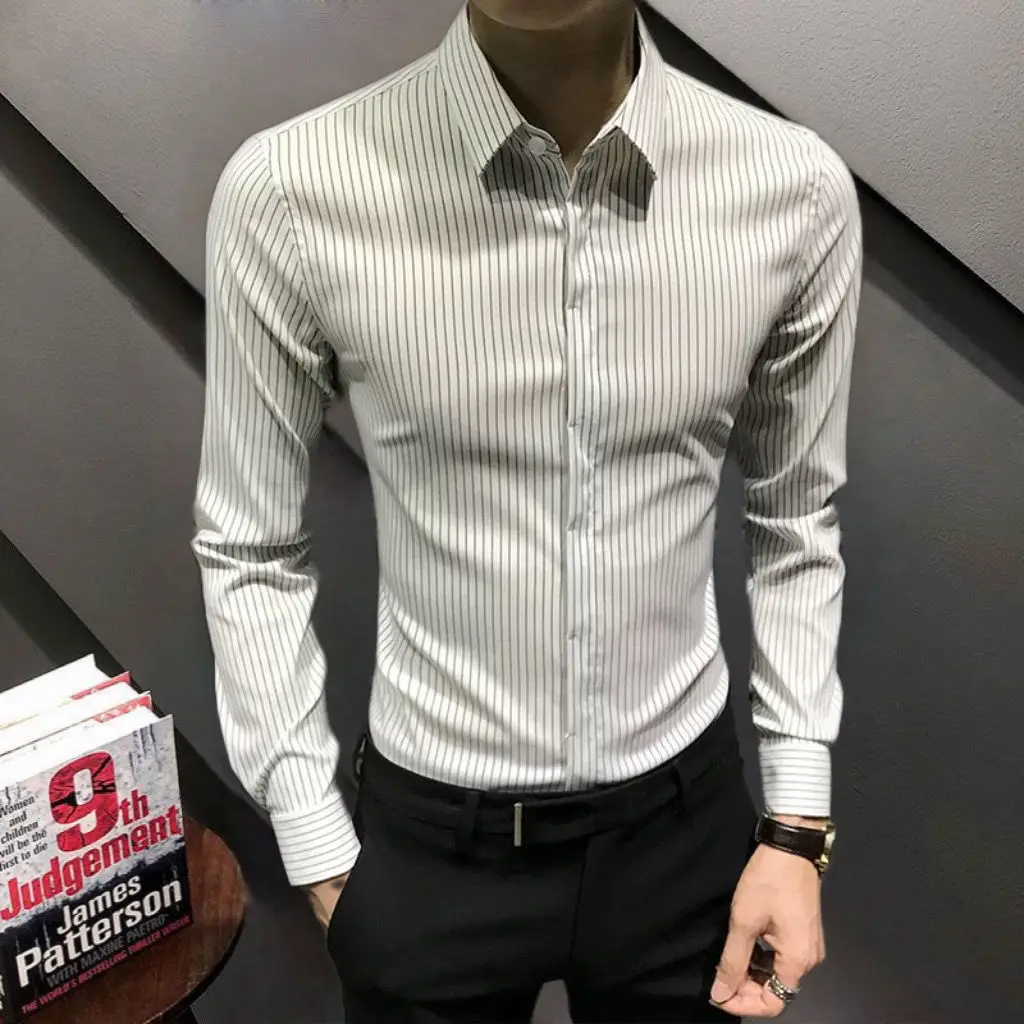 

Men Dress Shirt 2023 New Arrival Long Sleeve Slim Fit Button Square Collar High Quality Stripe Business Shirts 2023 V135