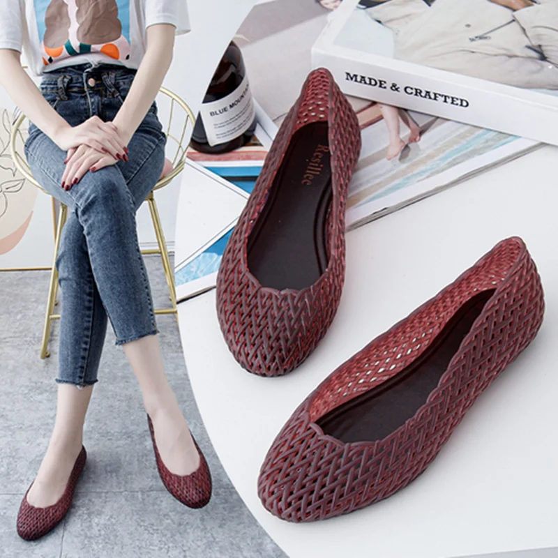 Women Free Shipping Hollow Flats Round Toe Breathable Plastic Summer Outdoor Shoes Soft Sole Slip-On White And Black 40-36 23cm