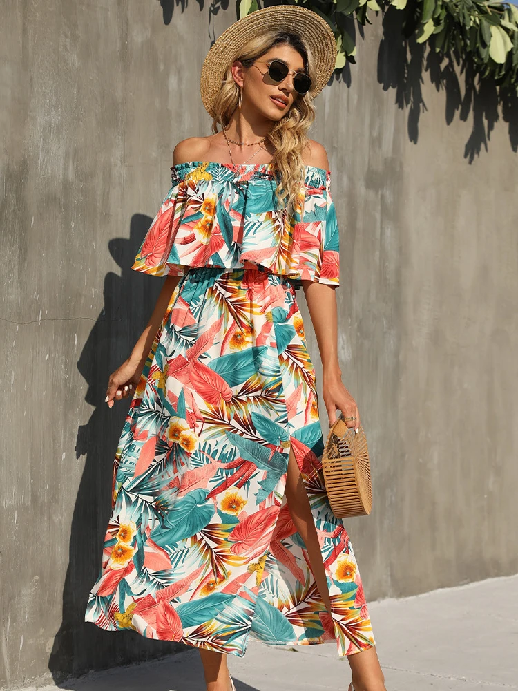 Женское платье макси с вырезом-лодочкой и разрезом летнее Привлекательное