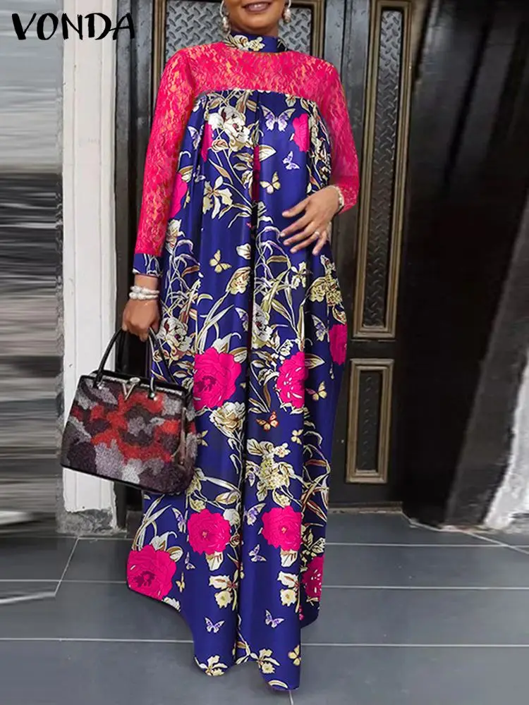 

VONDA Bohemian Maxi Dresses 2022 Summer Women Long Sleeve Floral Printed Lace Patchwork Holiday Party Pleated Dress Casual Robe