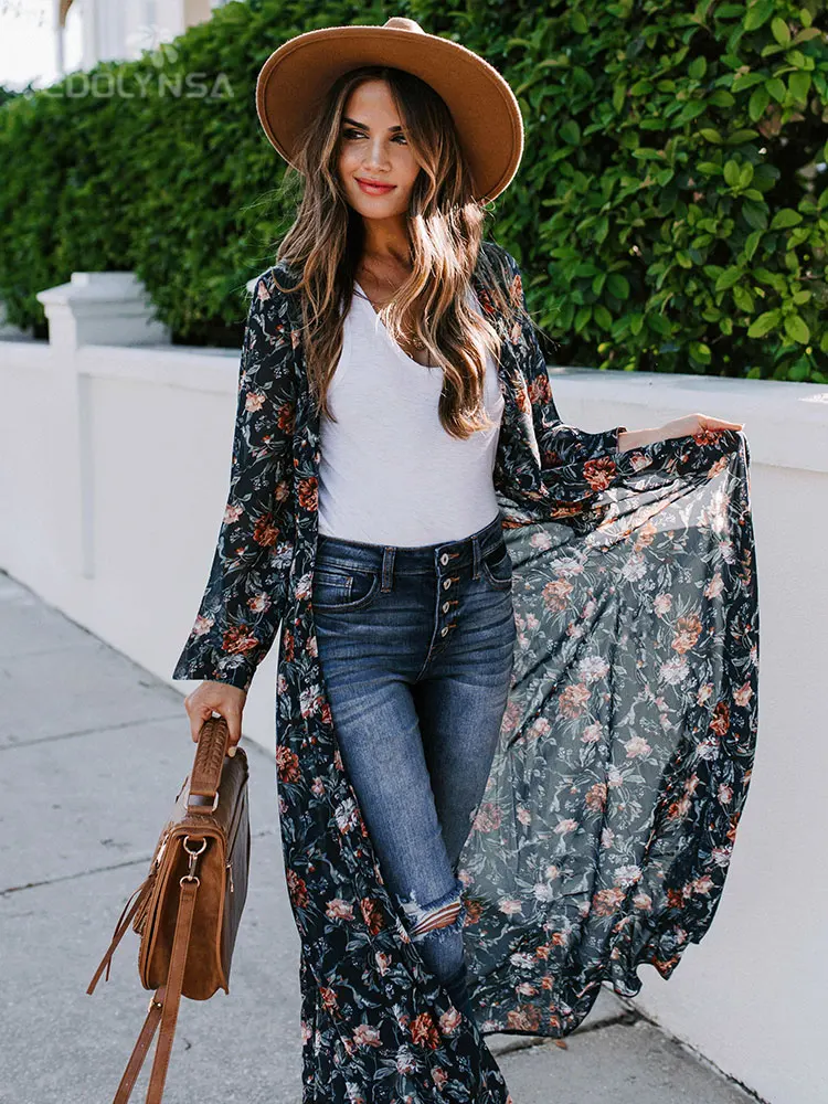 Винтажное длинное кимоно с цветочным принтом элегантная уличная одежда 2023