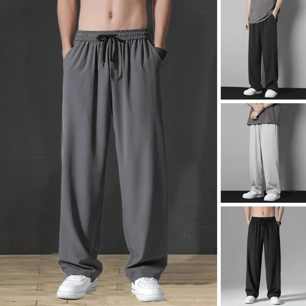 

Summer Men Pants Drawstring Elastic Waistband Pockets Draped Solid Color Straight Wide Leg Thin Trousers