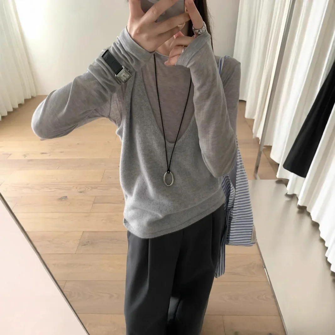 Att2024 осенний новый женский вязаный жилет с v-образным вырезом однотонный пуловер