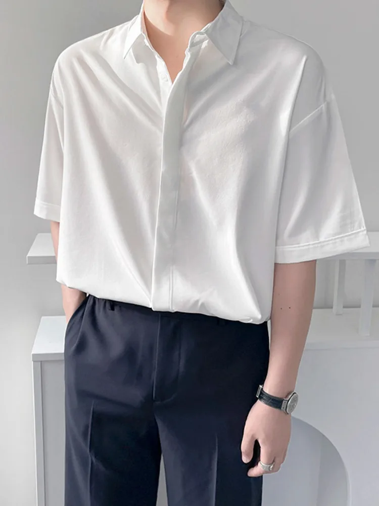 

SYUHGFA 2022 Summer New Lapel Solid Color Short Sleeve Shirt For Men Loose Casual Ice Silk Tee-shirt Tops Men Clothing